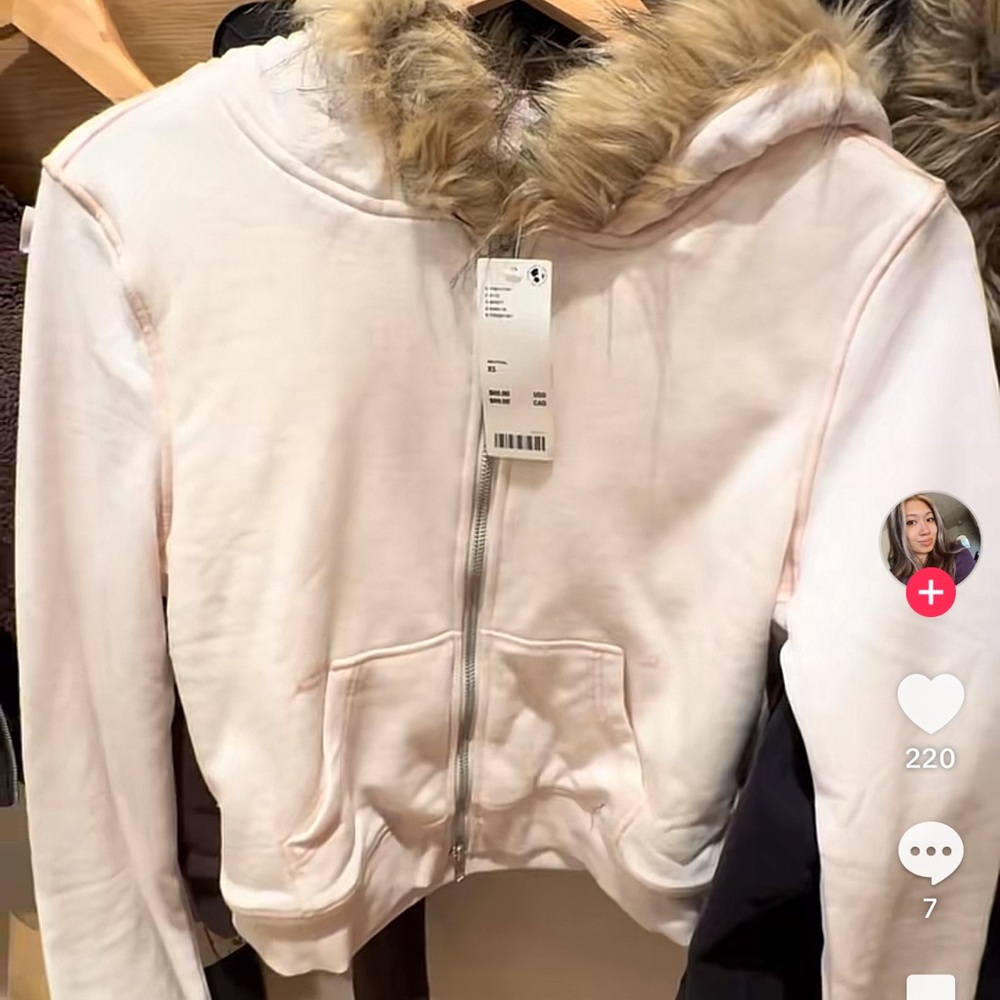 Y2K Cream Hooded Jacket hoodie zip up with Faux Fur Trim